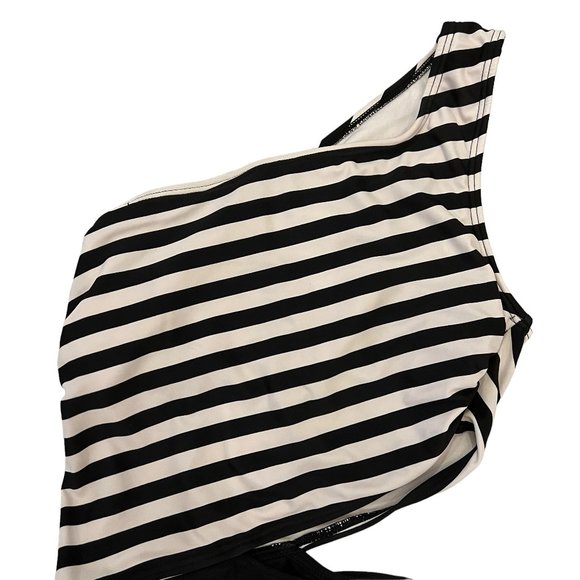 Michael Kors Black & White Stripe One-Shoulder Cut-Out One-Piece Swimsui… - Picture 12 of 12